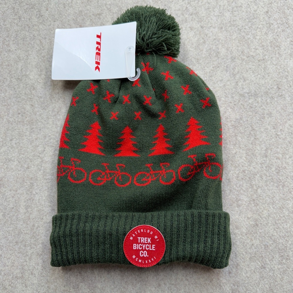 Trek Holiday Pom Beanie Unisex Green Festive Gorpcore Festive Cabincore Biking